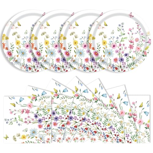 KFJBPB 40 Pcs Wildflower Plates and Napkins Party Supplies Floral Paper Plates Napkins Wildflower Baby Shower Decorations Tableware for Spring Summer Picnic Wedding Birthday Tea Party Serves 20 - Image 1