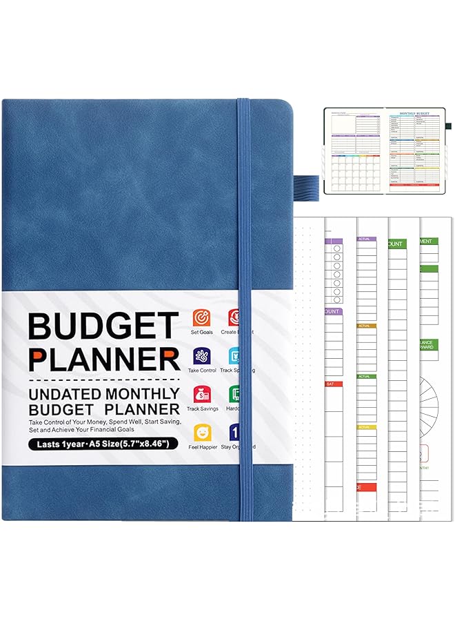 erorex Budget Planner Daily Weekly Monthly Expense Tracker Notebook Finance Planner And Accounts Book Faux Leather Hardcover Financial Organizer 5.7 Inch X 8.3 Inch Undated Bill Organizer With Pen Pocket Blue  - Image 1