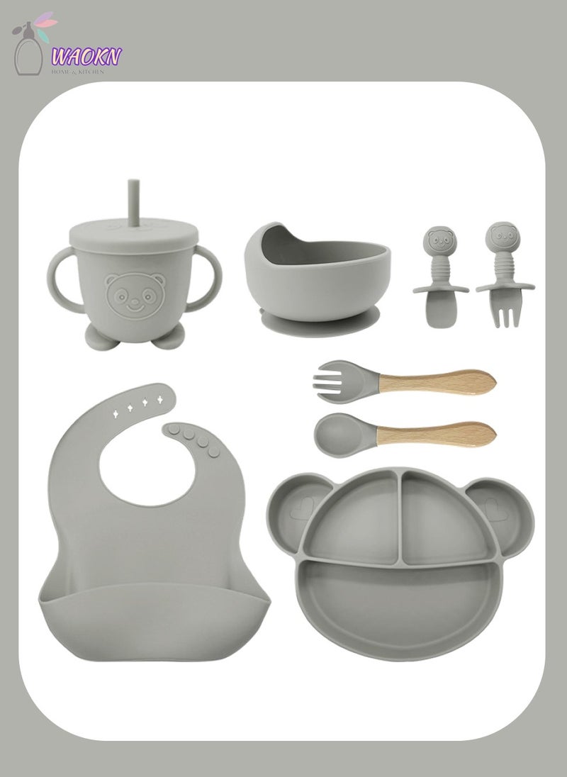 WAOKN 8Pcs Baby Silicone Tableware Set Special For Infants To Eat Their Own Training Tableware Set Including Complementary Food Bowl Sippy Cup Dinner Plate Bib Fork And Spoon(Smoke Gray)  - Image 1