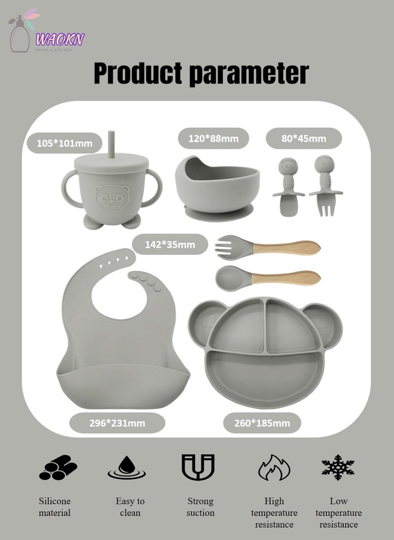 WAOKN 8Pcs Baby Silicone Tableware Set Special For Infants To Eat Their Own Training Tableware Set Including Complementary Food Bowl Sippy Cup Dinner Plate Bib Fork And Spoon(Smoke Gray)  - Image 2