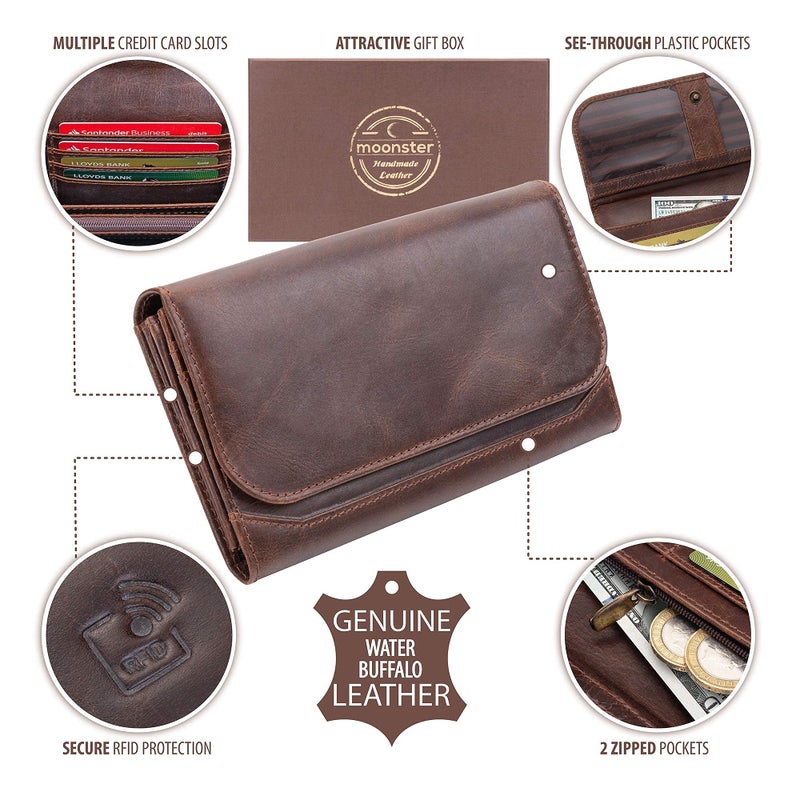 moonster Leather Wallets for Women 8x4 inch Handmade Womens Leather Wallet Brown - Genuine Leather Wallet Women -Ladies Wallets Leather - Women's Wallets - Multi Compartment RFID Wallet for Women - Image 3