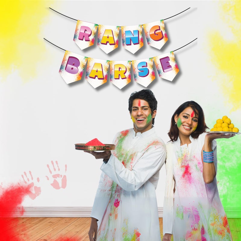 1iAM Happy Holi Decoration Items | 1pc 13.6X10.3cm "RANG BARSE" 300gsm Printed Paper Banner for Celebration of 14th March in Home, Office, Club, School, Collages, Restaurant, Apartment Decoration - Image 3