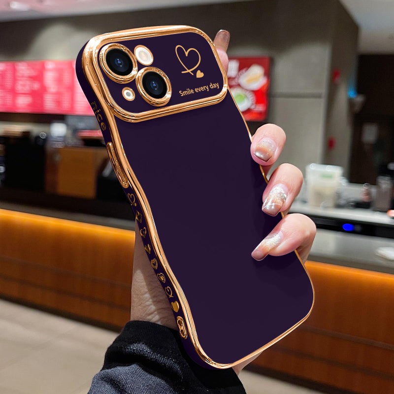LCHULLE for iPhone 15 Case for Women Girls, Cute Wave Frame Curly Shape with Love Heart Pattern Raised Camera Protection Cover Luxury Plating Shockproof Phone Case for iPhone 15, Dark Purple - Image 2