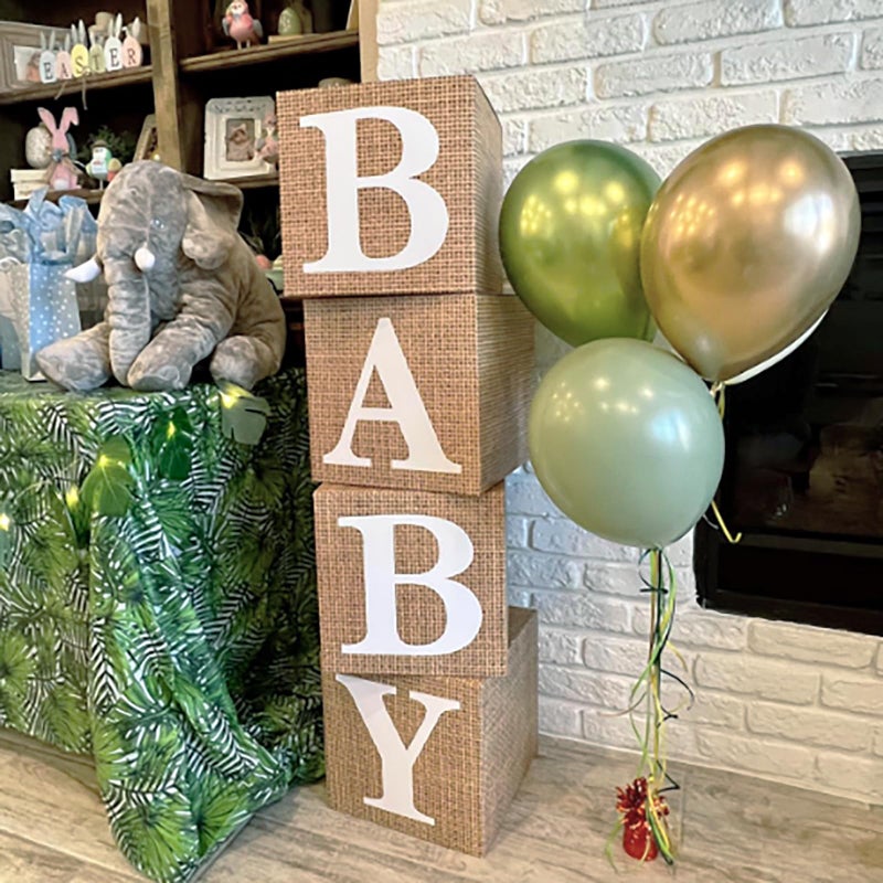 Unidemo Burlap Print Baby Shower Boxes for Gender Reveal Party Gender Neutral Baby Shower Centerpiece Decor - 4 Pcs Burlap Grain Baby Cubes Baby Blocks with Letters, Rustic Baby Shower Decorations - Image 3
