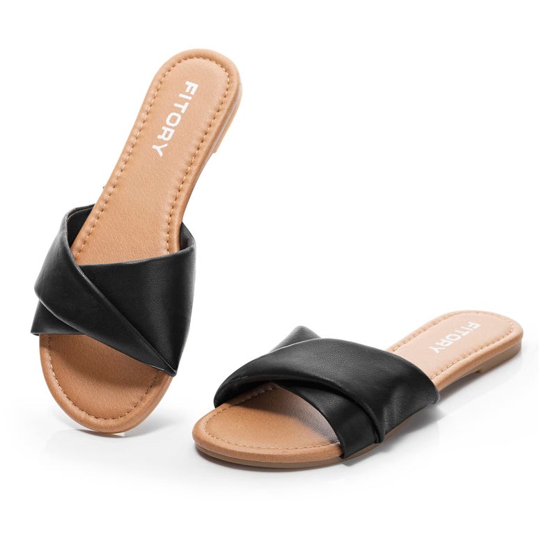 FITORY Women's Flat Sandals Fashion Slides With Soft Leather Slippers for Summer Black Size 7
