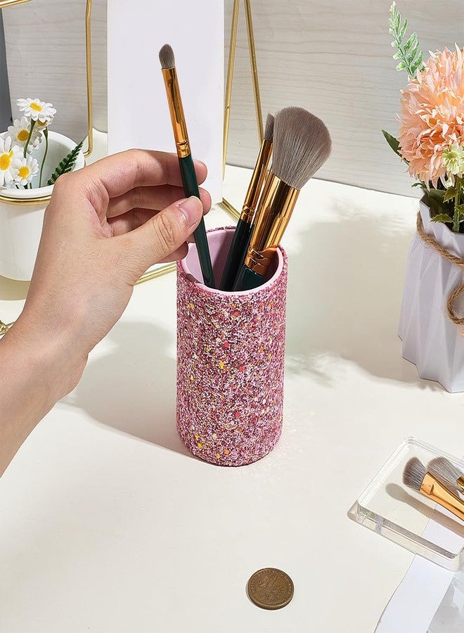 CALFOVERA PU Leather Glitter Makeup Brush Holder Pink Shiny Bling Pencil Cup Multifunctional Stationery Container Round Leather Luxury Pens Stroage Box Case Desktop Organizer for Desk Office - Image 3