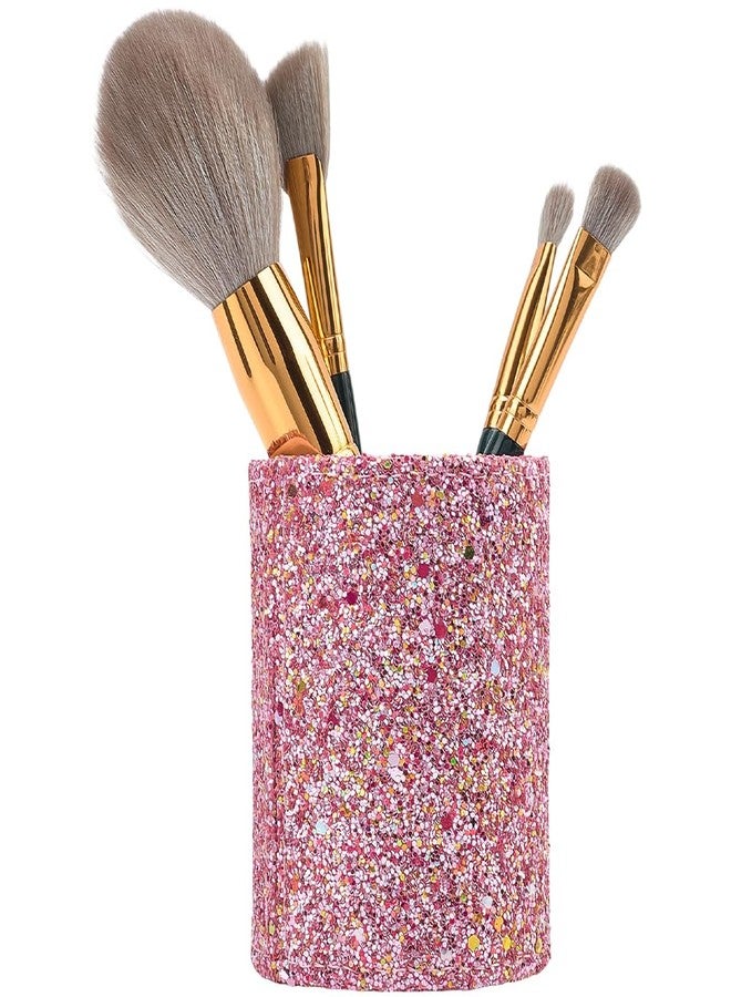 CALFOVERA PU Leather Glitter Makeup Brush Holder Pink Shiny Bling Pencil Cup Multifunctional Stationery Container Round Leather Luxury Pens Stroage Box Case Desktop Organizer for Desk Office - Image 1