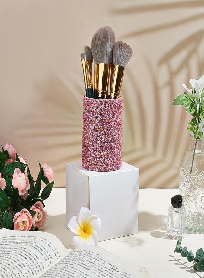 CALFOVERA PU Leather Glitter Makeup Brush Holder Pink Shiny Bling Pencil Cup Multifunctional Stationery Container Round Leather Luxury Pens Stroage Box Case Desktop Organizer for Desk Office - Image 4