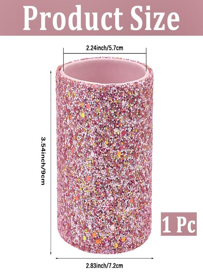 CALFOVERA PU Leather Glitter Makeup Brush Holder Pink Shiny Bling Pencil Cup Multifunctional Stationery Container Round Leather Luxury Pens Stroage Box Case Desktop Organizer for Desk Office - Image 2