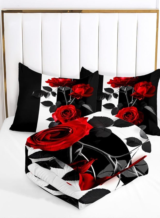 CCoutueChen Rose Comforter Set King Black Red Bedding Set Striped Floral Bedding for Women Aesthetic Comforter with 2 Pillowcases, Ultra Soft Lightweight 3Pieces - Image 4
