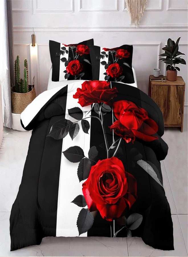 CCoutueChen Rose Comforter Set King Black Red Bedding Set Striped Floral Bedding for Women Aesthetic Comforter with 2 Pillowcases, Ultra Soft Lightweight 3Pieces - Image 1