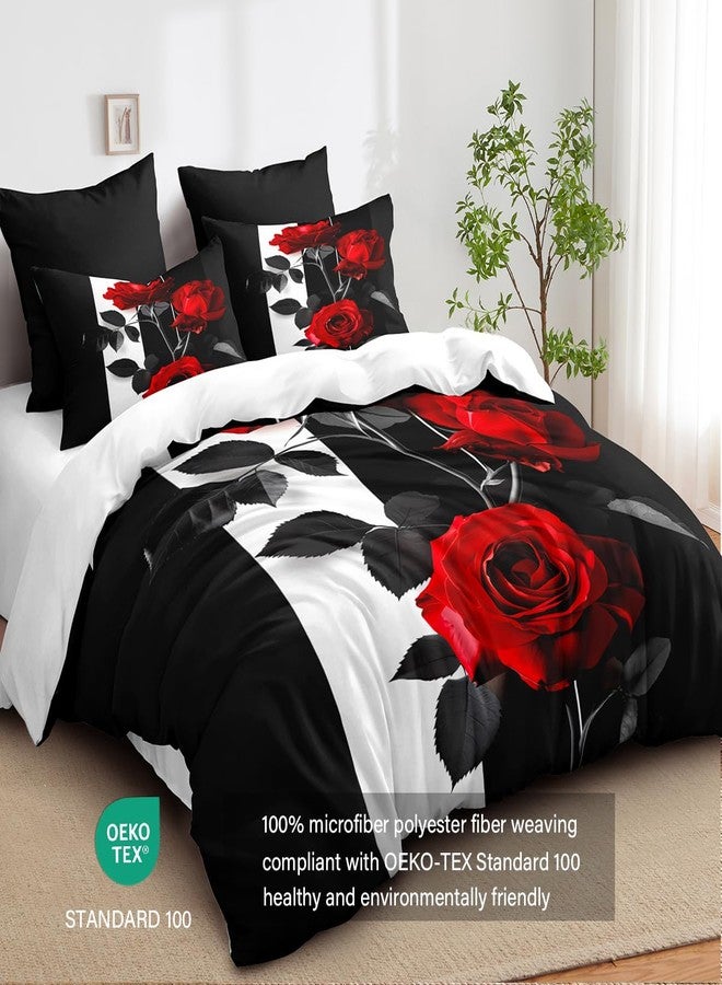 CCoutueChen Rose Comforter Set King Black Red Bedding Set Striped Floral Bedding for Women Aesthetic Comforter with 2 Pillowcases, Ultra Soft Lightweight 3Pieces - Image 3