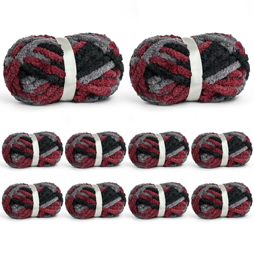 Waikxin 10 Pack Jumbo Chunky Yarn for Hand Knitting, Fluffy Chunky Chenille Yarn for Crocheting, Variegated Chunky Knit Baby Blanket Yarn, 240 yds /70.5 oz Super Bulky Yarn(Gray-Black-Red) - Image 1