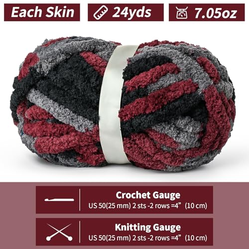 Waikxin 10 Pack Jumbo Chunky Yarn for Hand Knitting, Fluffy Chunky Chenille Yarn for Crocheting, Variegated Chunky Knit Baby Blanket Yarn, 240 yds /70.5 oz Super Bulky Yarn(Gray-Black-Red) - Image 2
