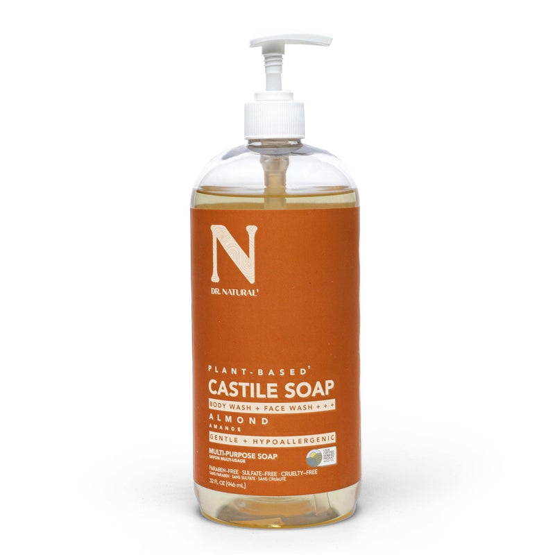 Dr. Natural Castile Liquid Soap - Multi-Use Body Wash, Shampoo and Face Wash - Hydrating Body Soap for Skin, Hair, Pets and Home - Almond - 32 oz. - Image 1