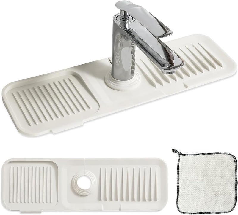 Lux Household Lux Household Silicone Faucet Handle Drip Catcher Tray - Self-Draining Kitchen Sink Splash Guard with Adjustable Coil Opening - Sink Faucet Mat with Cleaning Towel (Ivory)  - Image 1