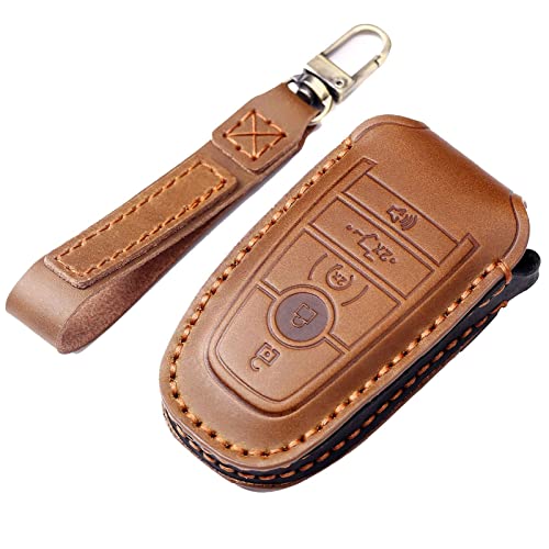EASYANT Leather Car Key Fob Cover Fit for Ford F-150 Mustang Remote Keyless Entry Car Smart Key Sleeve 5 Buttons Brown - Image 1