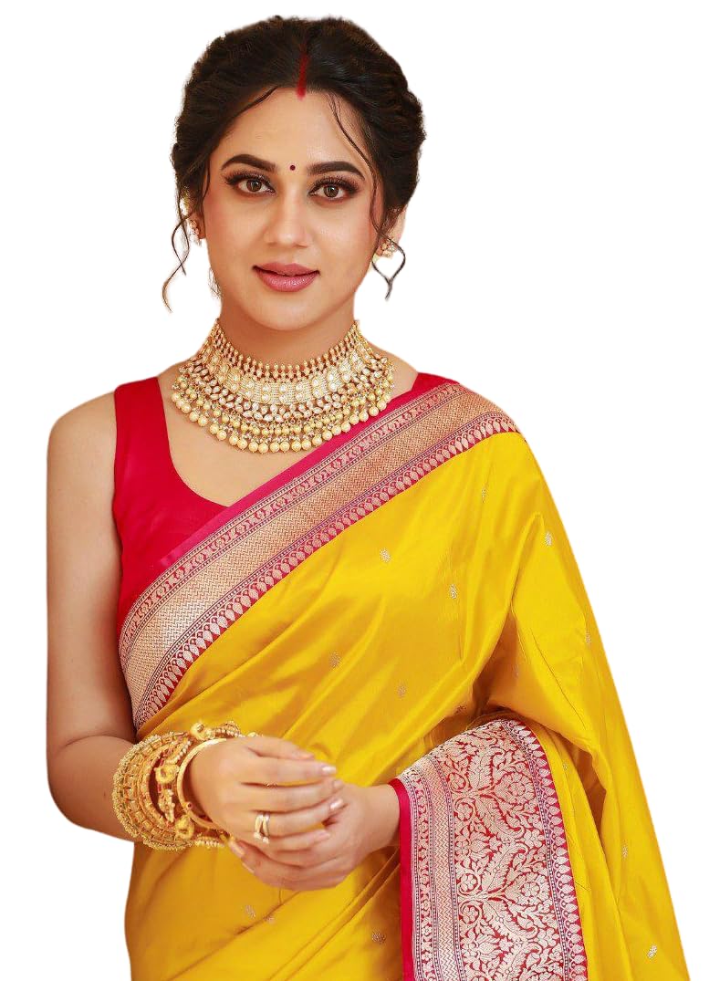 C J Enterprise Women's Banarasi Saree Pure Kanjivaram Silk Saree Soft Design Wear Pattu Sarees Latest Cotton With Blouse Piece Kanchipuram for Wedding sadi new ladies 2025 (Pari134) (Yellow) - Image 1