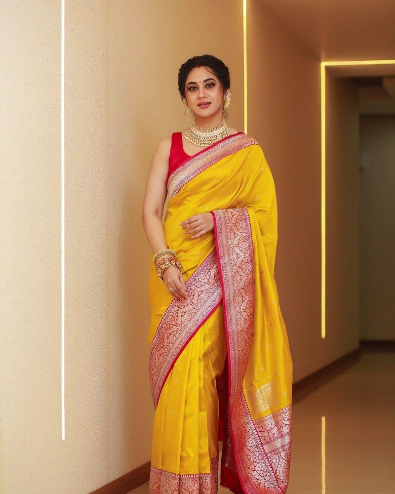 C J Enterprise Women's Banarasi Saree Pure Kanjivaram Silk Saree Soft Design Wear Pattu Sarees Latest Cotton With Blouse Piece Kanchipuram for Wedding sadi new ladies 2025 (Pari134) (Yellow) - Image 2