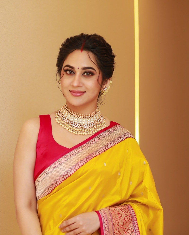 C J Enterprise Women's Banarasi Saree Pure Kanjivaram Silk Saree Soft Design Wear Pattu Sarees Latest Cotton With Blouse Piece Kanchipuram for Wedding sadi new ladies 2025 (Pari134) (Yellow) - Image 3