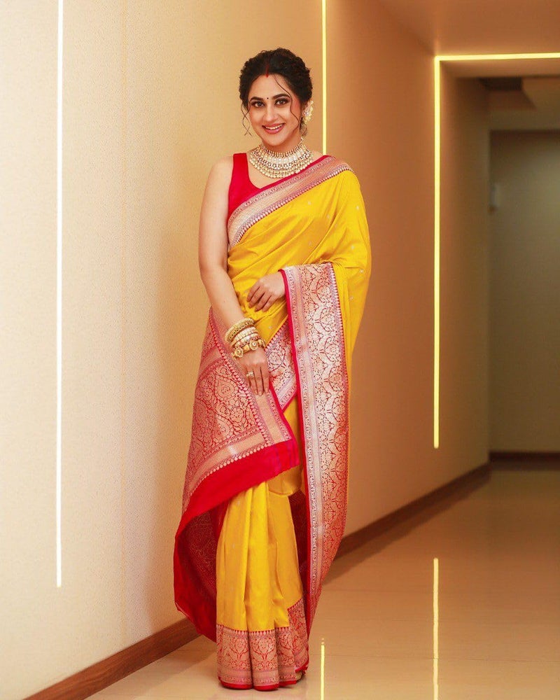 C J Enterprise Women's Banarasi Saree Pure Kanjivaram Silk Saree Soft Design Wear Pattu Sarees Latest Cotton With Blouse Piece Kanchipuram for Wedding sadi new ladies 2025 (Pari134) (Yellow) - Image 4