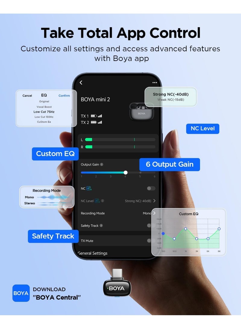 BOYA   Mini2- 1 Wireless mic 1 to 2 kit for IOS + TYPE C + Charging Case (Black) - Image 2