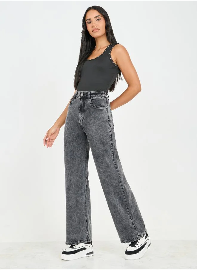 Styli Acid Wash Straight Fit High Rise Jeans