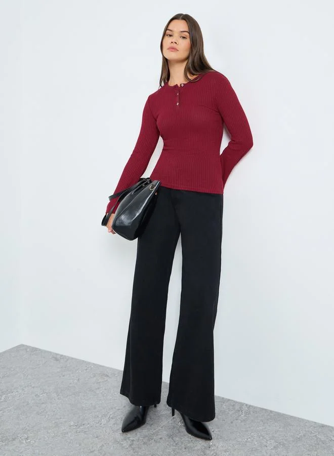 Styli Styli Red Textured Knit Henley Neck Fitted T-Shirt