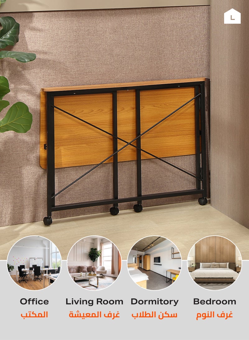 لوازم طاولة قابلة للطي - 80×40×75 سم، بني - مكتب كمبيوتر قابل للطي بسطح خشبي وأرجل حديدية وعجلات قابلة للقفل ودعامة خلفية على شكل X - مثالية للمكتب المنزلي، الدراسة، المساحات الصغيرة، ومحطات العمل المؤقتة - Image 5