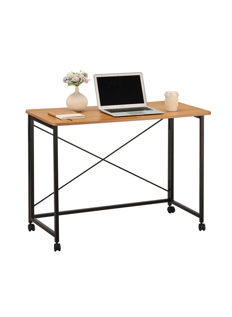 لوازم طاولة قابلة للطي - 80×40×75 سم، بني - مكتب كمبيوتر قابل للطي بسطح خشبي وأرجل حديدية وعجلات قابلة للقفل ودعامة خلفية على شكل X - مثالية للمكتب المنزلي، الدراسة، المساحات الصغيرة، ومحطات العمل المؤقتة - Image 1