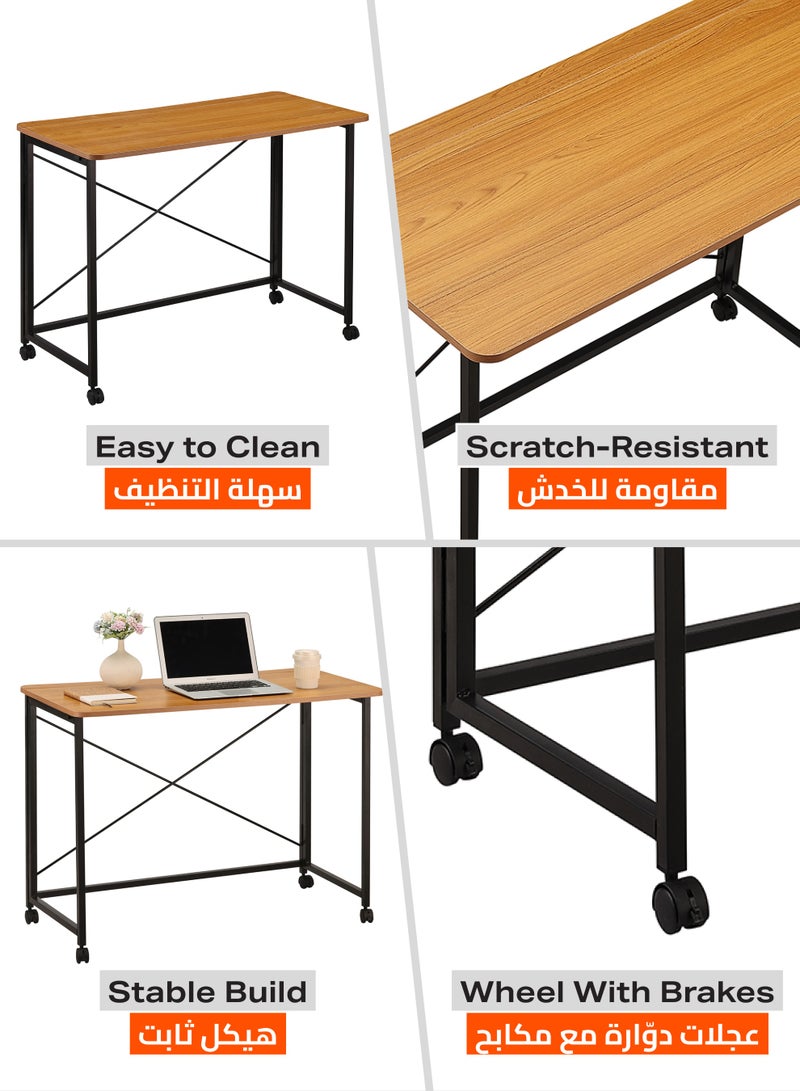 لوازم طاولة قابلة للطي - 80×40×75 سم، بني - مكتب كمبيوتر قابل للطي بسطح خشبي وأرجل حديدية وعجلات قابلة للقفل ودعامة خلفية على شكل X - مثالية للمكتب المنزلي، الدراسة، المساحات الصغيرة، ومحطات العمل المؤقتة - Image 4