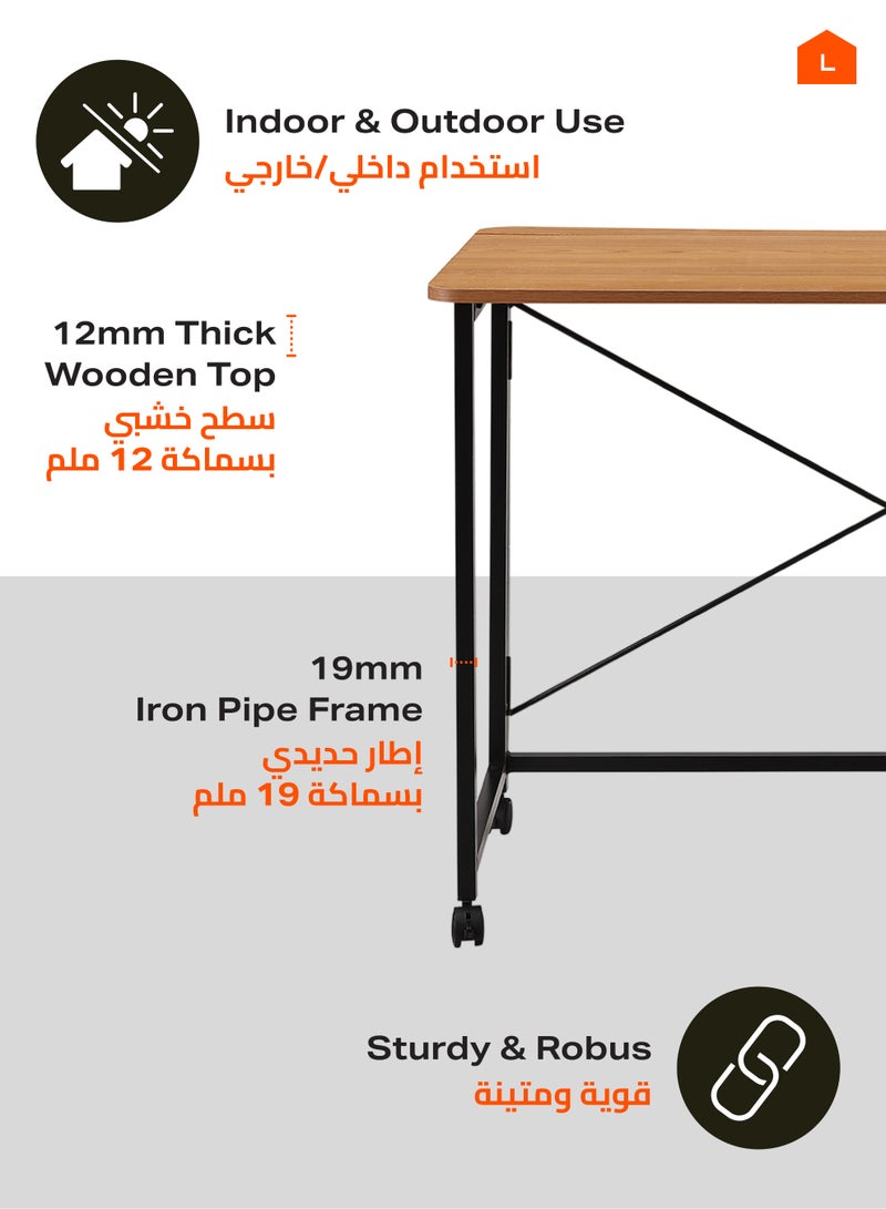 لوازم طاولة قابلة للطي - 80×40×75 سم، بني - مكتب كمبيوتر قابل للطي بسطح خشبي وأرجل حديدية وعجلات قابلة للقفل ودعامة خلفية على شكل X - مثالية للمكتب المنزلي، الدراسة، المساحات الصغيرة، ومحطات العمل المؤقتة - Image 3