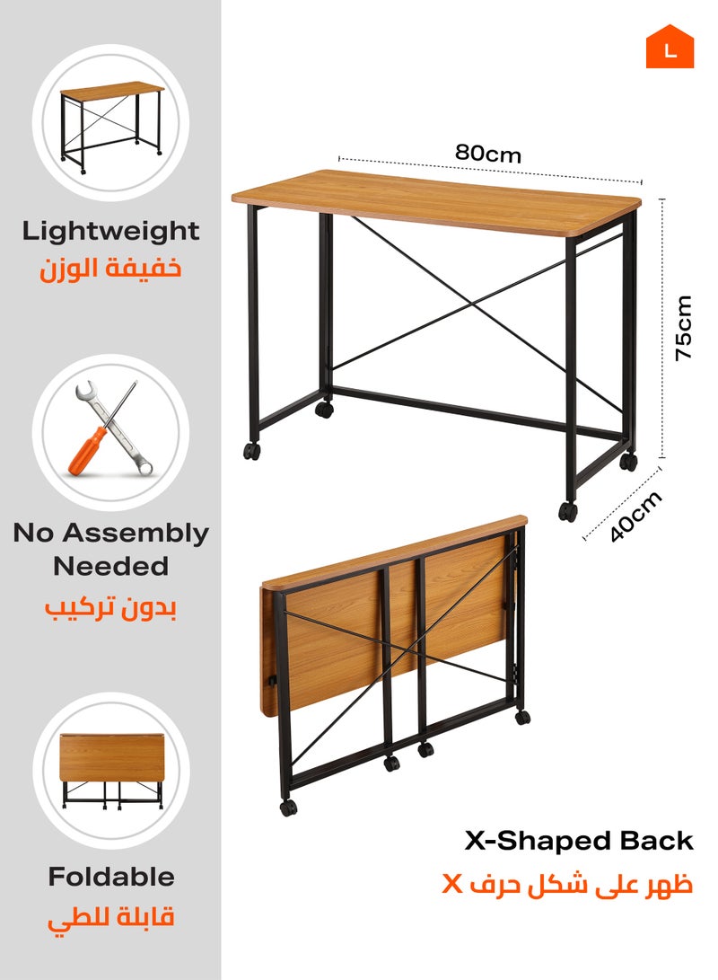 لوازم طاولة قابلة للطي - 80×40×75 سم، بني - مكتب كمبيوتر قابل للطي بسطح خشبي وأرجل حديدية وعجلات قابلة للقفل ودعامة خلفية على شكل X - مثالية للمكتب المنزلي، الدراسة، المساحات الصغيرة، ومحطات العمل المؤقتة - Image 2