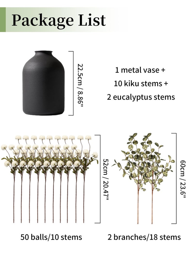 BLOSMON Fake Flowers in Vase for Centerpieces: Metal Vase with 12 Stems of Artificial Mums Kiku Flowers Eucalyptuses Home Table Decor - White Faux Pom Poms Floral Arrangements for Living Room - Image 2