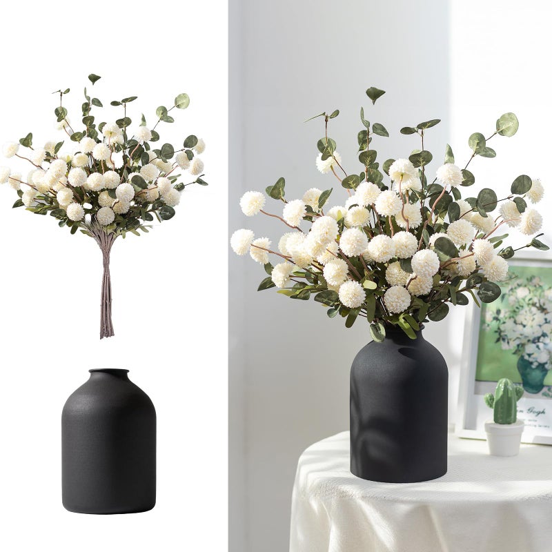BLOSMON Fake Flowers in Vase for Centerpieces: Metal Vase with 12 Stems of Artificial Mums Kiku Flowers Eucalyptuses Home Table Decor - White Faux Pom Poms Floral Arrangements for Living Room - Image 1