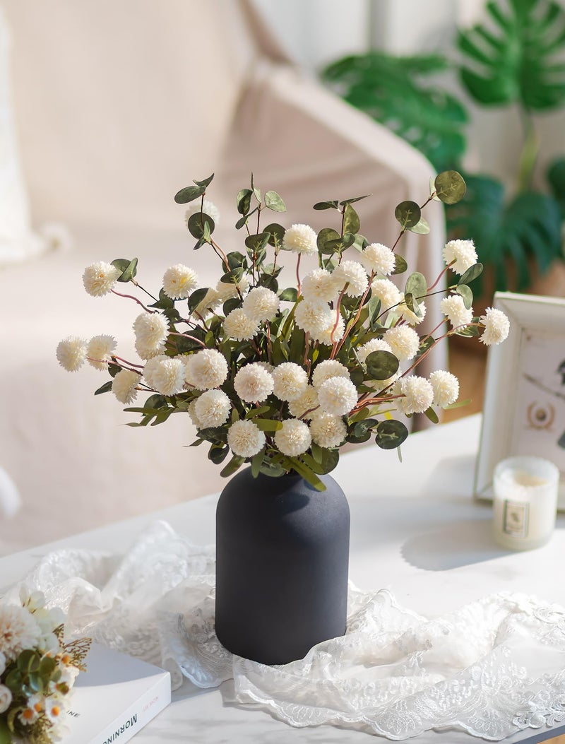 BLOSMON Fake Flowers in Vase for Centerpieces: Metal Vase with 12 Stems of Artificial Mums Kiku Flowers Eucalyptuses Home Table Decor - White Faux Pom Poms Floral Arrangements for Living Room - Image 5