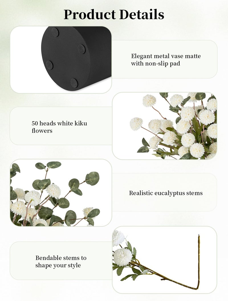 BLOSMON Fake Flowers in Vase for Centerpieces: Metal Vase with 12 Stems of Artificial Mums Kiku Flowers Eucalyptuses Home Table Decor - White Faux Pom Poms Floral Arrangements for Living Room - Image 4