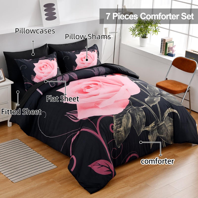 Xruibed Blush Comforter Set Queen 7 Piece Bed In A Bag Blush Rose Flower Comforter With Sheet Set Soft Micorfiber Bedding Set (1 Comforter 2 Pillow Shams 1 Flat Sheet 1 Fitted Sheet 2 Pillowcases) - Image 3