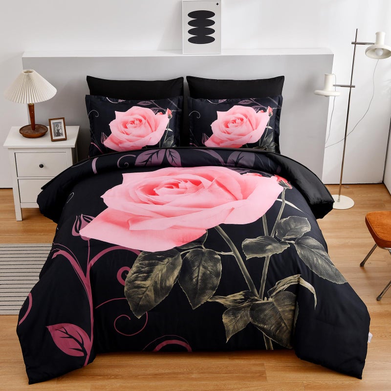 Xruibed Blush Comforter Set Queen 7 Piece Bed In A Bag Blush Rose Flower Comforter With Sheet Set Soft Micorfiber Bedding Set (1 Comforter 2 Pillow Shams 1 Flat Sheet 1 Fitted Sheet 2 Pillowcases) - Image 1