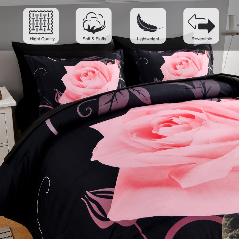 Xruibed Blush Comforter Set Queen 7 Piece Bed In A Bag Blush Rose Flower Comforter With Sheet Set Soft Micorfiber Bedding Set (1 Comforter 2 Pillow Shams 1 Flat Sheet 1 Fitted Sheet 2 Pillowcases) - Image 5