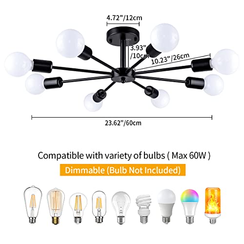ZSMIHDOH 23.62'' Semi Flush Mount Ceiling Light, 8-Lights Modern Chandelier Black Living Room Light, Sputnik Light Fixtures Chandelier for Bedroom Kitchen Study Office - Image 4
