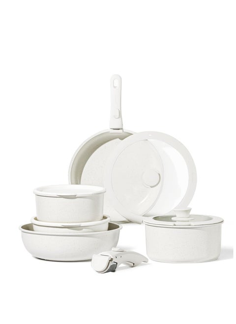 CAROTE 11pcs Pots and Pans Set, Nonstick Cookware Sets Detachable Handle, Induction RV Kitchen Set Removable Handle, Oven Safe, Cream White