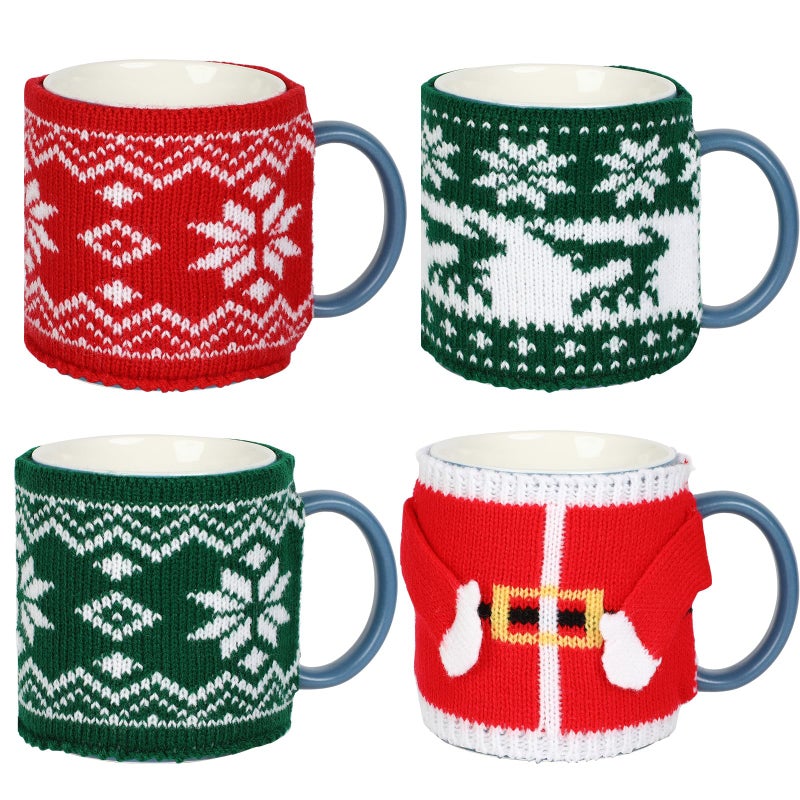 OBUSATT 4 Pcs Christmas Cup Cozy Winter Knitted Cup Cozy Reusable Mug Holiday Seasonal Coffee Mug Warmer Crochet Coffee Sleeves Decoration for Family Women Men Christmas Party Gifts