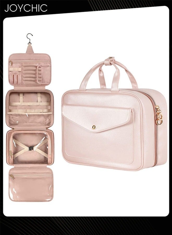 Joychic حقيبة مستحضرات التجميل المعلقة للسفر للنساء حقيبة كبيرة مقاومة للماء لتنظيم مستحضرات التجميل حاوية بحجم كامل مع حوامل مطاطية لمستحضرات التجميل والفرش والزجاجات باللون الوردي - Image 1