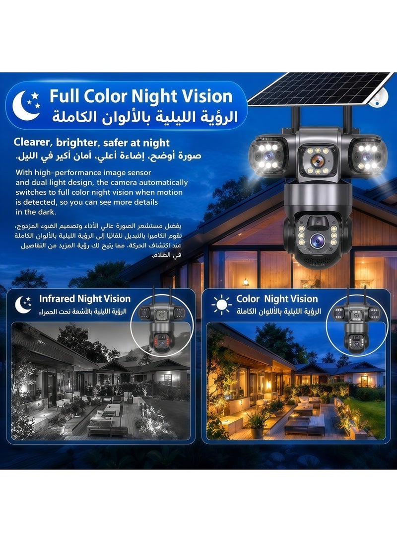 V380 PRO V380PRO 4G Solar Wireless Security Camera with Triple-Lens, Three-Screen Display, 360° Panoramic View, and HD Night Vision. Features wireless installation, storage card video playback, motion detection with alerts, LED & infrared dual-light night vision, two-way audio, multi-user access, and IP65 waterproof/dustproof rating. Includes 128GB SD Card. - Image 5