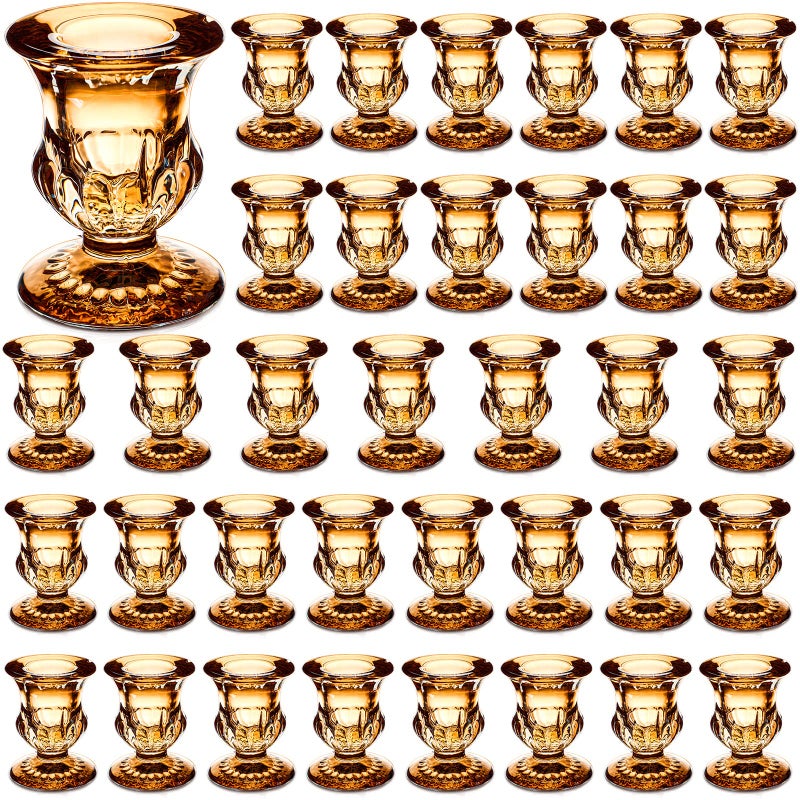 Foaincore Foaincore Taper Candle Holders Bulk 25 Inch Candlestick Holder Small Candlestick Holder Thicker Glass Candle Sticks Set for Wedding Christmas Party Table CenterpieceGold36 Pcs 