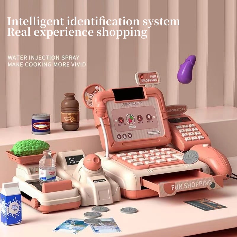 Cash Register for Kids, Pretend Play Cash Register with Scanner, Cuttable Food & Microphone Calculator Cash Register for Toddler, Gift - Image 2
