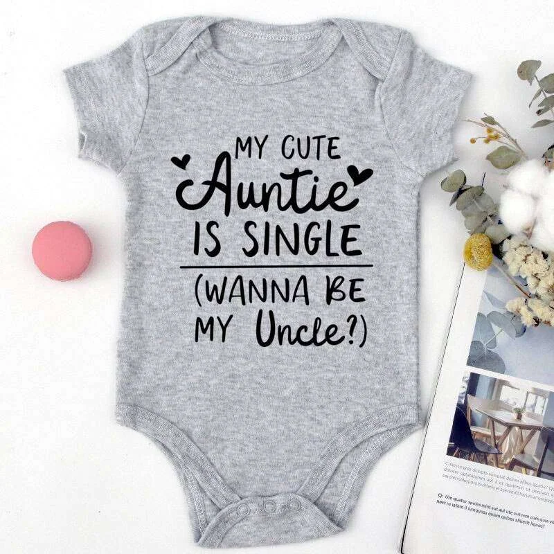 Matching Family Outfits “My Cute Auntie Is Single Wanna Be My Uncle Baby Romper – Funny Flirty Quote Infant Bodysuit, Soft Cotton Short Sleeve Newborn Outfit, Unisex Baby Boy Girl Jumpsuit, Cute Family Gift (GREY)
