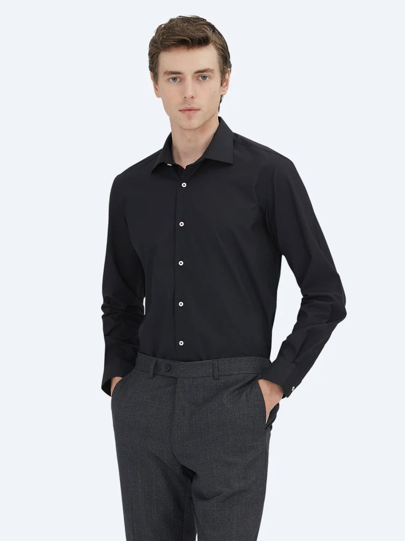 Kip Black Regular Fit Long Weaving Classical Cotton Blended Shirt
