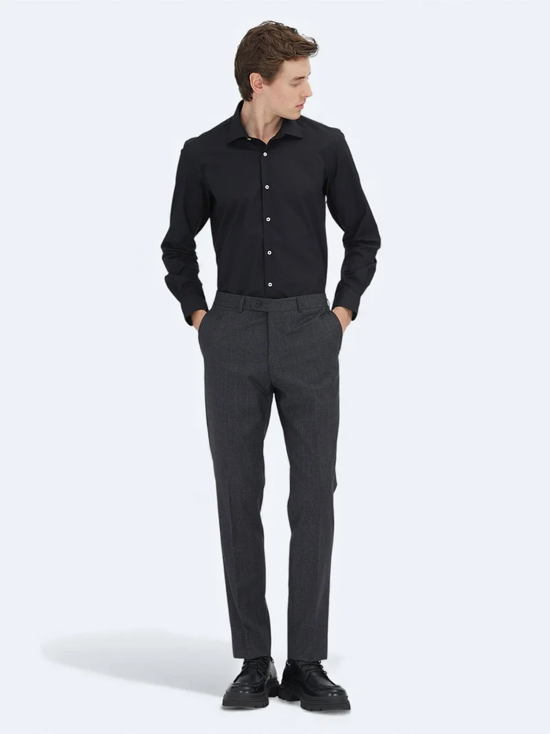 Kip Black Regular Fit Long Weaving Classical Cotton Blended Shirt